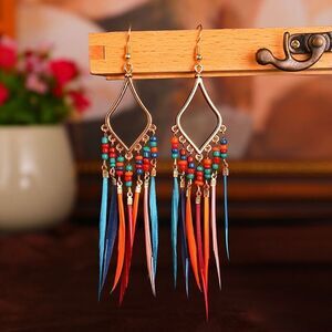 Bohemian Long Tassel Beaded Feather Drop Earrings Vibrant Red, Orange, & Blue